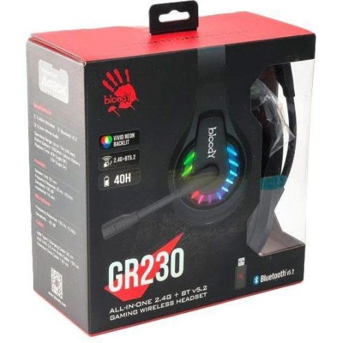 Гарнітура ігрова Bloody GR230 з LED підсвічуванням, Bluetooth v5.2 + 2.4GHz + 3.5 Jack (Black)