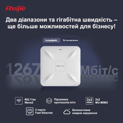 Точка доступу Ruijie Reyee (RG-RAP2200(F)) AC1300, 2xFE, MU-MIMO, PoE, Ruijie Cloud
