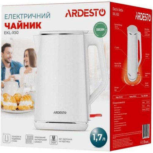 Електрочайник Ardesto 1.5л, Strix, подвійні стінки, білий глянець