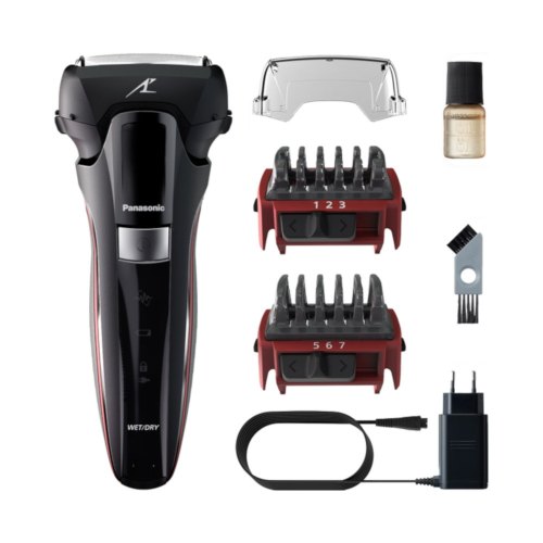 Бритва електрична Panasonic сіткова, 13000 об/хв, 3 головки для бриття, Li-Ion, сухе/вологе бриття, тример, 2 насадки, док-станція, чорний