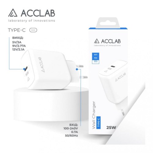 МЗП AccLab AL-TC125 1хType-C 5В/3A/25W QC/PD 3.0 White