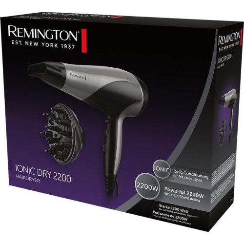 Фен Remington Ionic Dry, 2200Вт, 3 режими, дифузор,турмалинова іоніз-я, хол. обдув, сіро-чорний