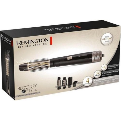 Фен-щітка Remington Blow Dry & Style Caring, 1000Вт, 2 режими, іоніз-я, хол. обдув, чохол, кераміка, чорно-золотий