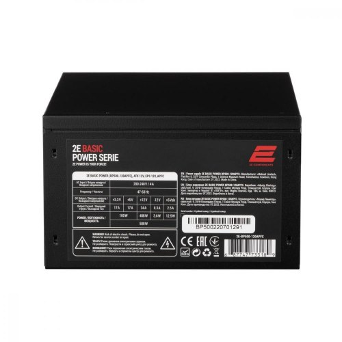 Блок живлення 2E Basic Power  (500W), 80%, 120mm, 1xMB 24pin(20+4), 1xCPU 8pin(4+4), 3xMolex, 4xSATA, 2xPCIe 8pin(6+2)