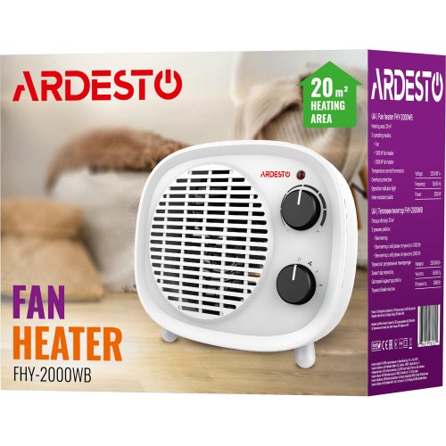 Тепловентилятор Ardesto FHY-2000WB 2000 Вт, спіральний нагрів. елемент, IP20, білий з чорними регуляторами