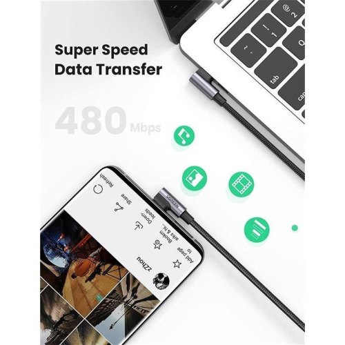 Кабель USB 2.0 Type-C M-M, 90°, 2 м, (20V/5A), (100W) Косм. Сірий US335 UGREEN