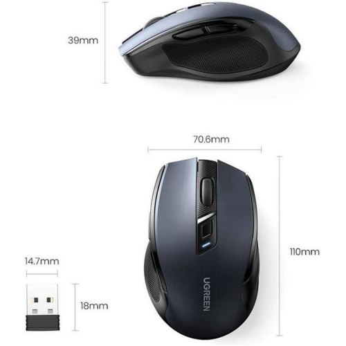 Мишка UGREEN 2.4GHz MU006, бездротова, 4000dpi., 4кн.,Silence Design, Чорна