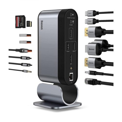Док-станція USB3.2 Type-C-->2xHDMI/2xDP/2xUSB-C/3xUSB/RJ45/SD/TRRS 3.5mm/PD 100W + БЖ 16 in 1 Baseus