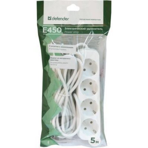 Power filtr 5.0м Defender S450, 4 розетки, з вимикачем, заземленням