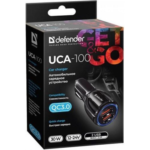 Автозарядка 2xUSB 30W (2xUSB-A) QC3.0 3А UCA-100 чорна Defender