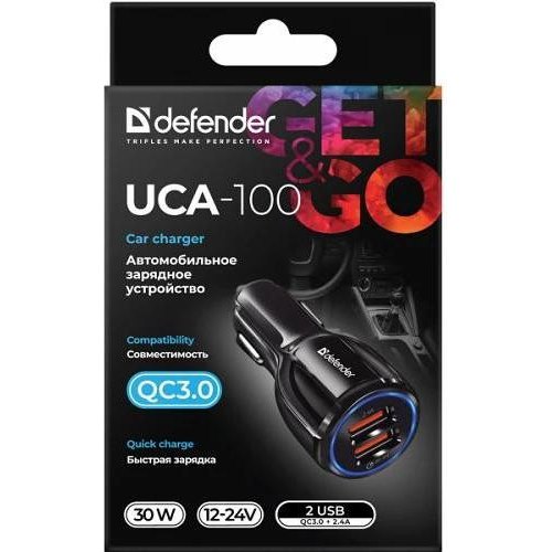 Автозарядка 2xUSB 30W (2xUSB-A) QC3.0 3А UCA-100 чорна Defender