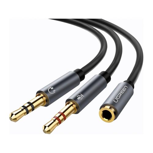 Кабель AUX 3.5мм TRRS - TRSx2 M/M 20 см UGREEN Aluminum Case AV140 Чорний