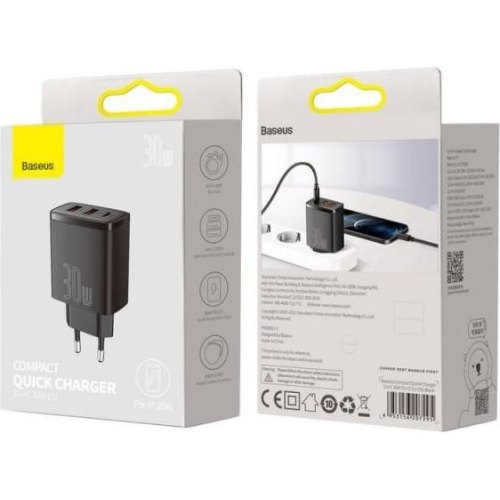 МЗП Baseus Compact Quick Charger 2U+C 30W EU Black