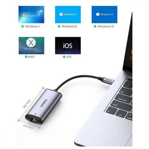 Перехідник USB3.1 Type-C --> Ethernet RJ45 1000Mb CM275 cірий Ugreen
