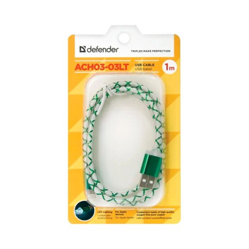 Кабель для iPhone 5/6/Ipad 4, 1.0м, Defender, зелений, ACH03-03LT