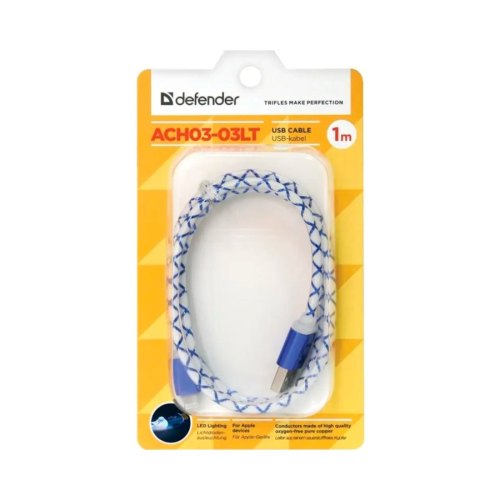 Кабель для iPhone 5/6/Ipad 4, 1.0м, Defender, синій, ACH03-03LT