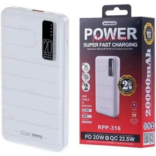 Зовнішній акумулятор PowerBank Remax Noah Series 20W+22.5W PD+QC Fast Charging Power Bank 20000mAh  RPP-316 White