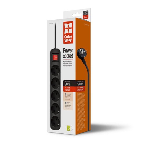 Сетевой фильтр питания ColorWay CW-PSEA55BK, 5 розеток/ 5M black (CW-PSEA55BK)