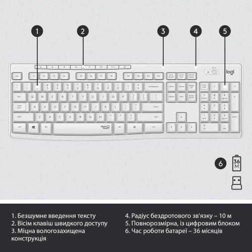 Комплект (клавіатура, миша) бездротовий Logitech MK295 Combo White USB (920-009824)