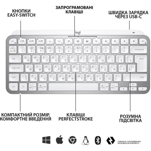 Клавіатура бездротова Logitech MX Keys Mini Wireless Illuminated UA Pale Gray (920-010499)