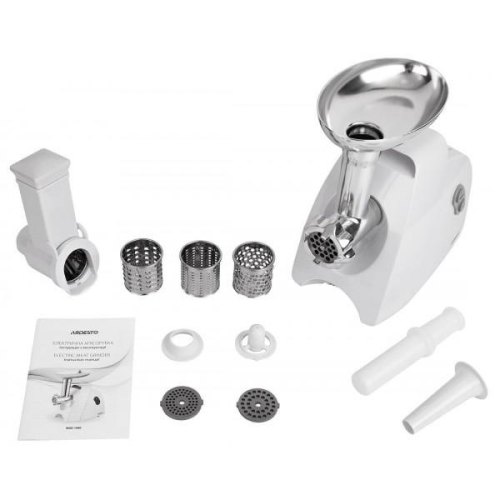 М'ясорубка Ardesto, 1900Вт, 1.8кг/хв, 3 решітки, насадка для ковбас, кеббе, 4 терки, пластик, білий