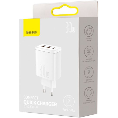 МЗП Baseus Compact Quick Charger 2U+C 30W EU White