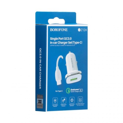 Автомобільний зарядний пристрій BOROFONE BZ12A single port QC3.0 with Type-C cable White