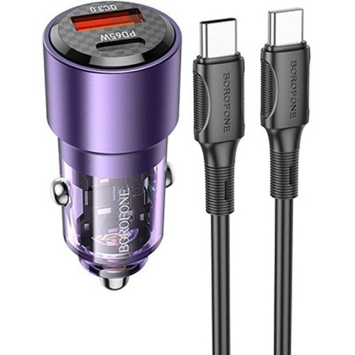 Автомобільний зарядний пристрій BOROFONE BZ20A Smart 83W dual port PD65W+QC3.0 car charger set(C to C) Transparent Purple