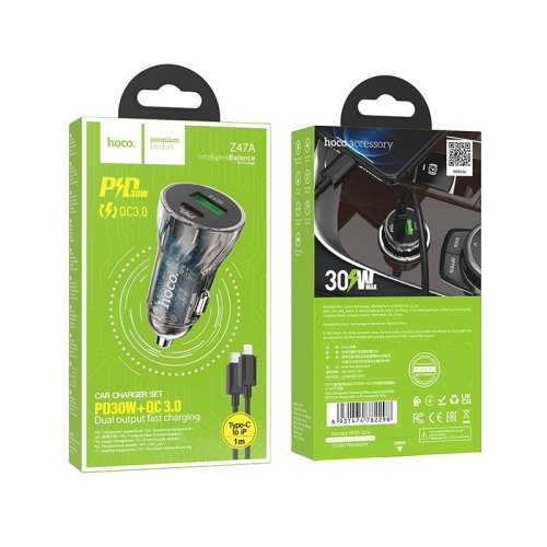 Автомобільний зарядний пристрій HOCO Z47A Transparent Discovery Edition dual port PD30W+QC3.0 car charger Transparent Black