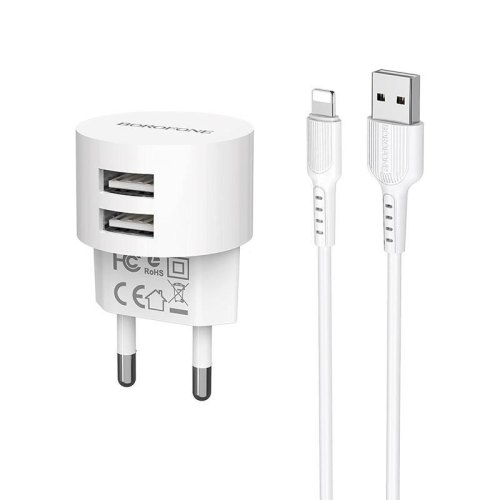 Мережевий зарядний пристрій BOROFONE BA23A Brilliant dual port charger set(Lightning) White