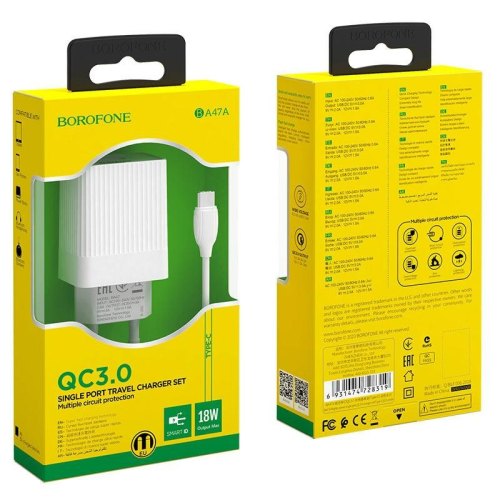 Мережевий зарядний пристрій BOROFONE BA47A Mighty speed single port QC3.0 3A + Type-C cable White