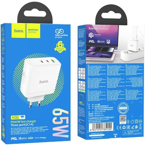 Мережевий зарядний пристрій HOCO N30 Glory PD65W three-port(2C1A) fast charger White