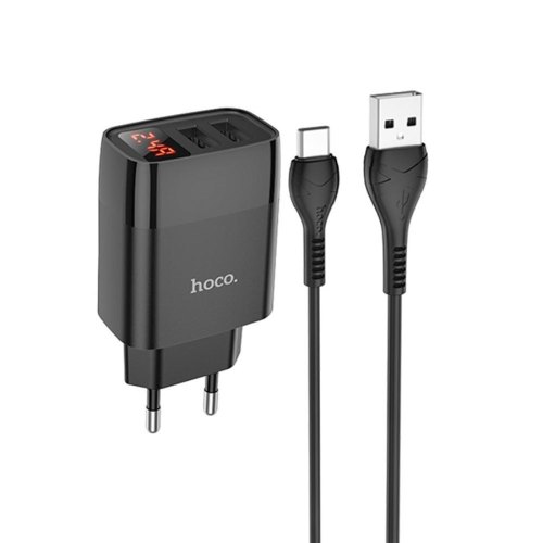Мережевий зарядний пристрій HOCO C86A Illustrious dual port charger with digital display set(Type-C) Black