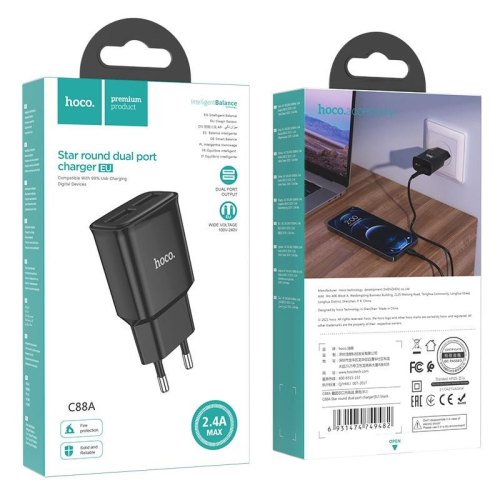 Мережевий зарядний пристрій HOCO C88A Star round dual port charger Black