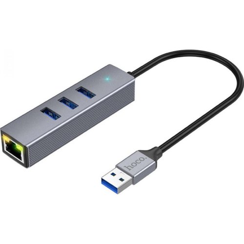 USB-хаб HOCO HB34 Easy link USB Gigabit Ethernet adapter(USB to USB3.0*3+RJ45) Metal Gray