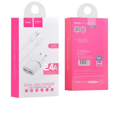 Мережевий зарядний пристрій HOCO C12 Smart dual USB (iP cable)charger set White