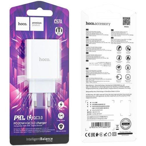 Мережевий зарядний пристрій HOCO C97A PD20W+QC3.0 charger White