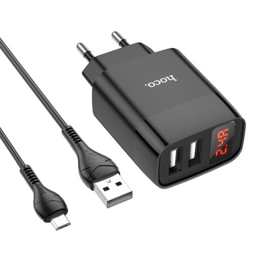 Мережевий зарядний пристрій HOCO C86A Illustrious dual port charger with digital display set(Micro) Black