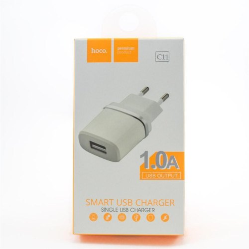 Мережевий зарядний пристрій HOCO C11 Smart single USB (iP cable) charger set White