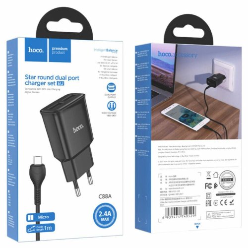 Мережевий зарядний пристрій HOCO C88A Star round dual port charger set(Micro) Black