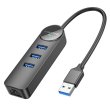 USB-хаб Borofone DH6 Erudite 4-in-1 Gigabit Ethernet Adapter(USB to USB3.0*3+RJ45)(L=0.2M) Black