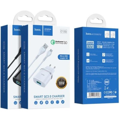 Мережевий зарядний пристрій HOCO C12Q Smart QC3.0 charger set(Micro) White