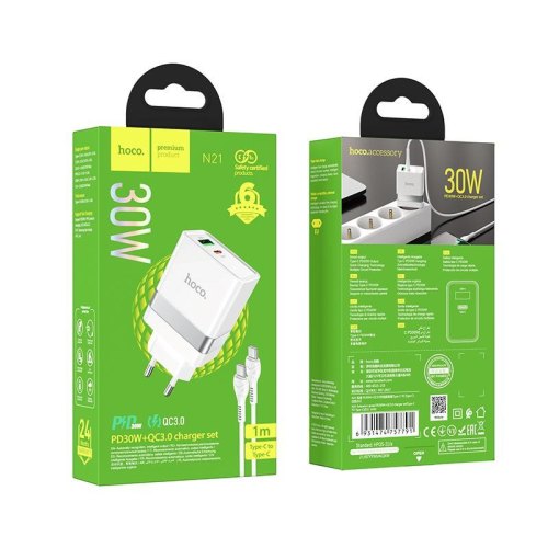 Мережевий зарядний пристрій HOCO N21 Extension speed PD30W+QC3.0 charger set(Type-C to Type-C) White