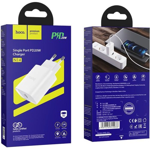 Мережевий зарядний пристрій HOCO N14 Smart Charging single port PD20W charger White