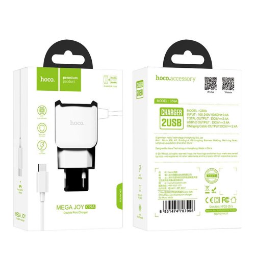 Hoco C59A 2USB 2.1A + microUSB White