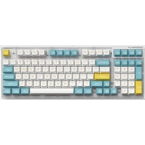 Клавіатура, бездротова, FL ESPORTS, FL980 V2 White Transparent Sea Salt FSA Kailh Box Blueberry Ice Cream South LED Three-Mod