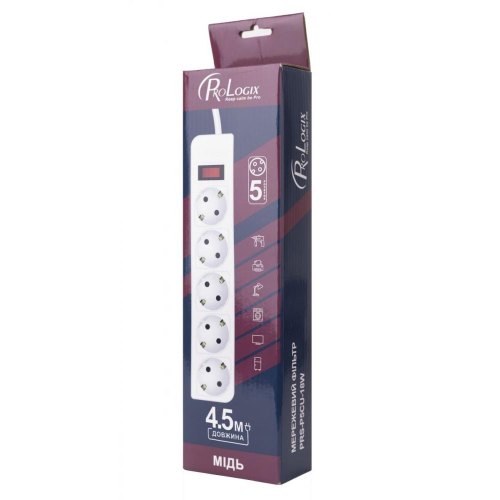 Мережевий фільтр, ProLogix (PRS-P5CU-45W) 3x1.0мм2 мідь, 5 розеток, 4.5 м, білий