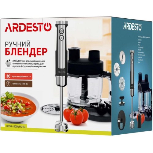 Блендер Ardesto заглибний 1000Вт, 7в1, чаша-2000мл, насадка для нарізання кубиками, чорно-сріблястий