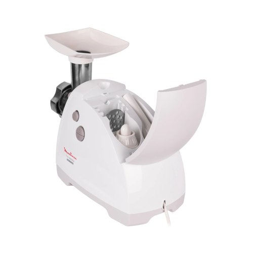 М'ясорубка Moulinex, 2000Вт, 2.6кг/хв, 2 решітки, насадка для ковбас, кеббе, томатів, 5 терок, пластик, біло-сірий