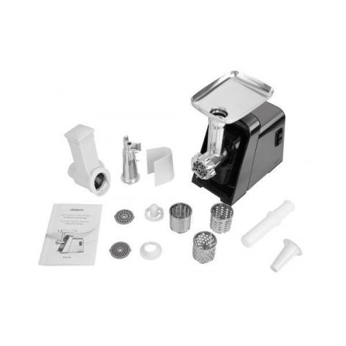 М'ясорубка Ardesto, 2400Вт, 2.2кг/хв, 3 решітки, насадка для ковбас, кеббе, томатів, 4 терки, пластик, чорно-срібний